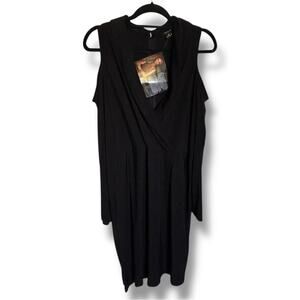 IMAN Black Sheath Midi Dress with V-Neck Faux Wrap Cold Shoulder 2X‎